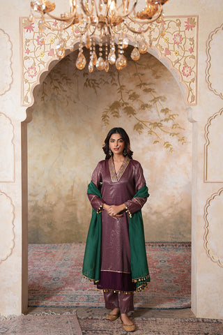 Jamun Gold Striped Chanderi Tissue Silk Kurta With Jamun Chanderi Narrow Pants With Gota Work And Striped Tissue And Green Sequin work Organza Dupatta