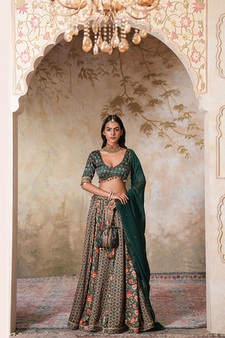 Emerald Green Crepe Silk Hand Embroidered Printed Blouse With Emerald Green Crepe Silk Printed Lehenga With Gota Work And Hand Embroidered Scallop Green Organza Dupatta