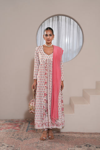 Offwhite Crepe Silk Hand Embroidered Printed Offwhite Anarkali Kurta With Offwhite Crepe Silk Printed Narrow Pants