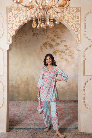 Celestial Blue Floral Printed Kurta Set with Tailored Pants