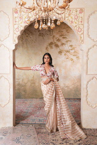 Champagne Sand Handcrafted Saree with Subtle Checks and Floral Border
