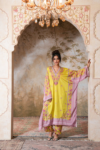 Lime Crepe Silk Hand Embroidered Printed Kaftan With Lime Crepe Silk Printed Narrow Pants - Set of 2