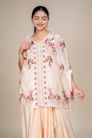 Blush Champagne Floral Embroidered Kaftan Set with Flowing Palazzo