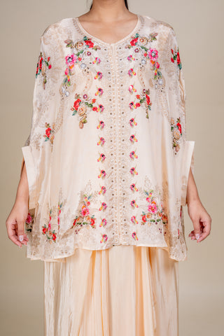 Blush Champagne Floral Embroidered Kaftan Set with Flowing Palazzo