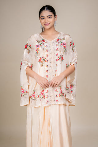 Blush Champagne Floral Embroidered Kaftan Set with Flowing Palazzo