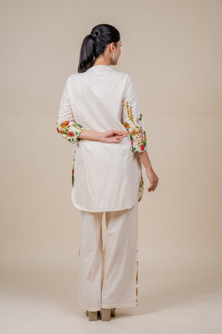 Elegant Ivory Floral Printed Kurta Set with Wide-Leg Pants