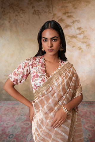 Champagne Sand Handcrafted Saree with Subtle Checks and Floral Border