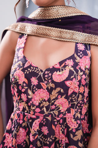 Violet Crepe Silk Hand Embroidered Printed Halter Neck Anarkali Kurta With Violet Crepe Silk Printed Churidar