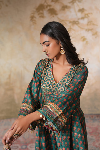 Emerald Green Crepe Silk Hand Embroidered Printed Kurta With Emerald Green Crepe Silk Printed Palazzo Pants With Gota Work And Green Sequin Work Organza Dupatta