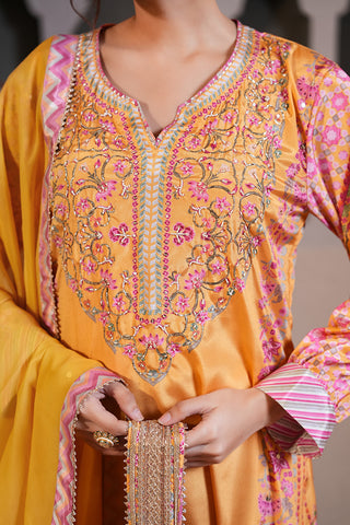 Gold Yellow Crepe Silk Hand Embroidered Printed Kurta With Gold Yellow Crepe Silk Printed Narrow Pants