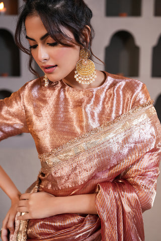 Blush Rose Metallic Saree with Elegant Hand-Finished Border