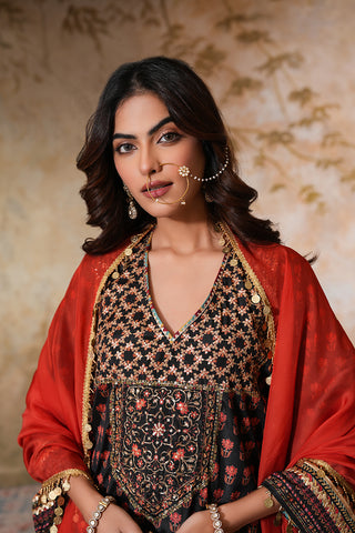 Black Crepe Silk Hand Embroidered Printed Kurta With Black Crepe Silk Printed Palazzo Pants With Gota Work And Rust Sequin Work Organza Dupatta