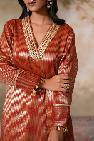 Rust Gold Striped Chanderi Tissue Silk Kurta With Rust Chanderi Narrow Pants With Gota Work And Striped Tissue