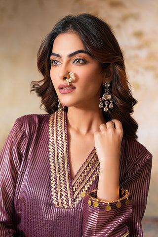 Jamun Gold Striped Chanderi Tissue Silk Kurta With Jamun Chanderi Narrow Pants With Gota Work And Striped Tissue And Green Sequin work Organza Dupatta