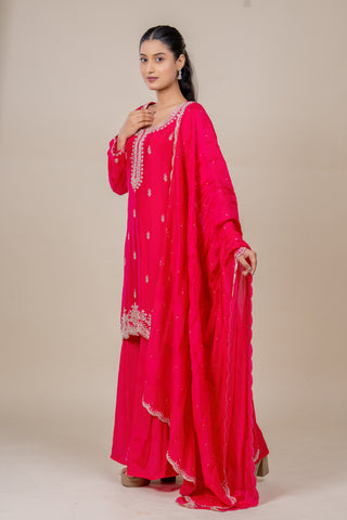 Luxury Rani Pink Embroidered Kurta Set with Palazzo and Dupatta