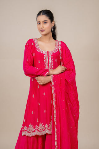 Luxury Rani Pink Embroidered Kurta Set with Palazzo and Dupatta