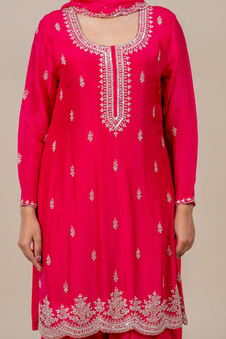 Luxury Rani Pink Embroidered Kurta Set with Palazzo and Dupatta