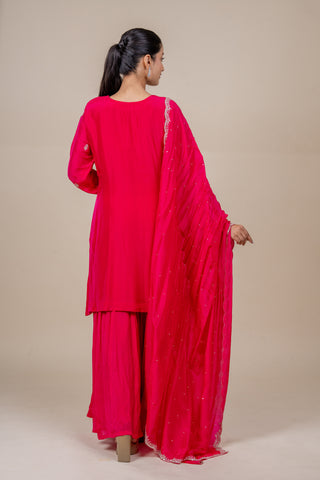 Luxury Rani Pink Embroidered Kurta Set with Palazzo and Dupatta