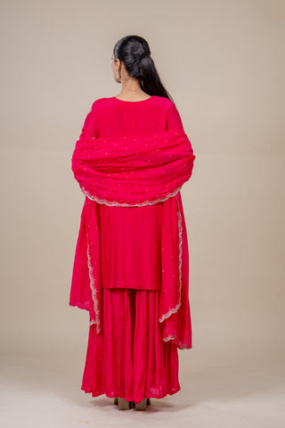 Luxury Rani Pink Embroidered Kurta Set with Palazzo and Dupatta