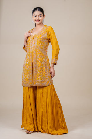 Royal Marigold Gold Embroidered Kurta Sharara Set with Dupatta