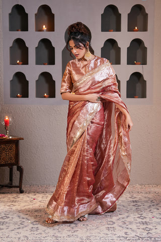 Blush Rose Metallic Saree with Elegant Hand-Finished Border