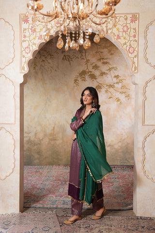 Jamun Gold Striped Chanderi Tissue Silk Kurta With Jamun Chanderi Narrow Pants With Gota Work And Striped Tissue And Green Sequin work Organza Dupatta