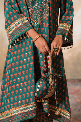 Emerald Green Crepe Silk Hand Embroidered Printed Kurta With Emerald Green Crepe Silk Printed Palazzo Pants With Gota Work And Green Sequin Work Organza Dupatta