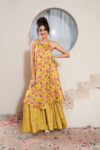 Lime Crepe Silk Hand Embroidered Printed Backless Kurta With Lime Crepe Silk Printed Gharara