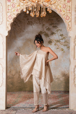 Elegant One-Shoulder Ivory Cape Set with Textured Detailing