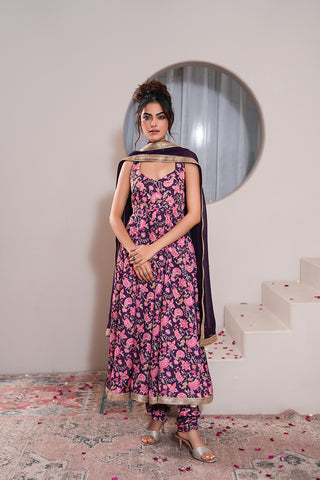 Violet Crepe Silk Hand Embroidered Printed Halter Neck Anarkali Kurta With Violet Crepe Silk Printed Churidar