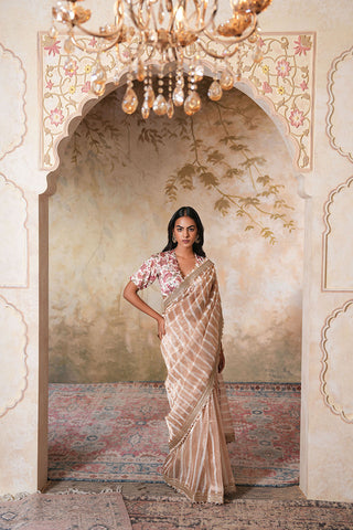 Champagne Sand Handcrafted Saree with Subtle Checks and Floral Border