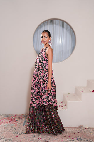 Black Crepe Silk Hand Embroidered Printed Backless Kurta With Black Crepe Silk Printed Gharara