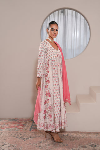 Offwhite Crepe Silk Hand Embroidered Printed Offwhite Anarkali Kurta With Offwhite Crepe Silk Printed Narrow Pants