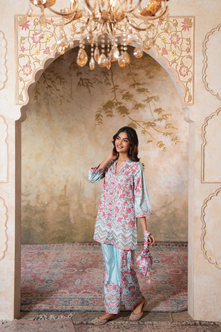 Celestial Blue Floral Printed Kurta Set with Tailored Pants