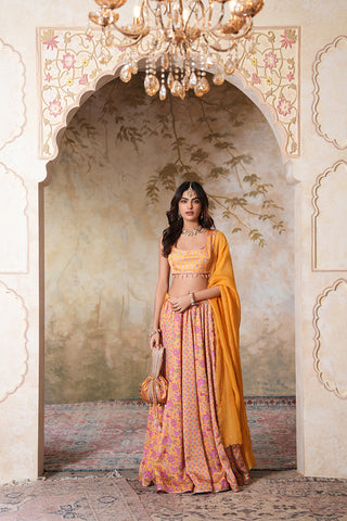 Gold Yellow Crepe Silk Hand Embroidered Printed Blouse With Gold Yellow Crepe Silk Printed Lehenga With Gota Work And Hand Embroidered Scallop Yellow Organza Dupatta  - Set of 3
