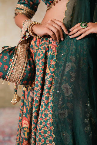 Emerald Green Crepe Silk Hand Embroidered Printed Blouse With Emerald Green Crepe Silk Printed Lehenga With Gota Work And Hand Embroidered Scallop Green Organza Dupatta