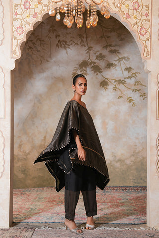 Sophisticated One-Shoulder Midnight Noir Cape Set with Metallic Texture