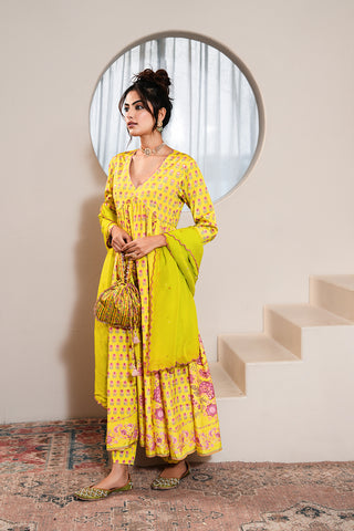 Lime Crepe Silk Hand Embroidered Printed Anarkali Kurta With Lime Crepe Silk Printed Narrow Pants