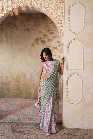 Blush Floral Printed Saree with Contemporary Sleeveless Blouse