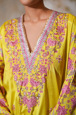 Lime Crepe Silk Hand Embroidered Printed Kaftan With Lime Crepe Silk Printed Narrow Pants - Set of 2