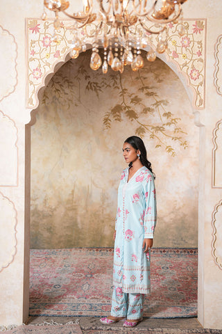 Mint Blossom Printed Kurta Set with Soft Pastel Elegance