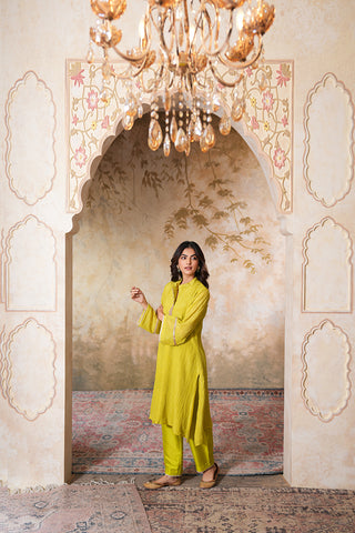 Citrus Chartreuse Textured Kurta Set with Subtle Embellishment