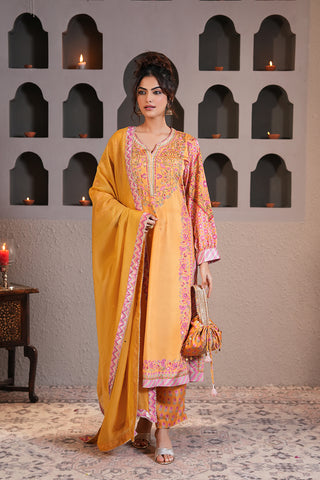 Gold Yellow Crepe Silk Hand Embroidered Printed Kurta With Gold Yellow Crepe Silk Printed Narrow Pants