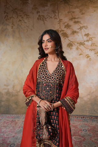 Black Crepe Silk Hand Embroidered Printed Kurta With Black Crepe Silk Printed Palazzo Pants With Gota Work And Rust Sequin Work Organza Dupatta