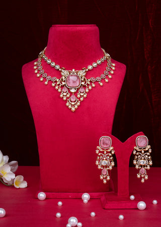 Royal Blush Pink Polki Kundan Bridal Necklace Set with Pearl Accents