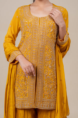 Royal Marigold Gold Embroidered Kurta Sharara Set with Dupatta
