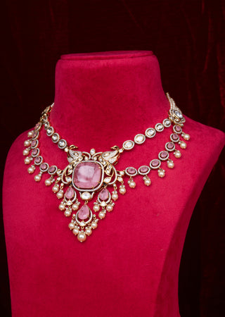 Royal Blush Pink Polki Kundan Bridal Necklace Set with Pearl Accents