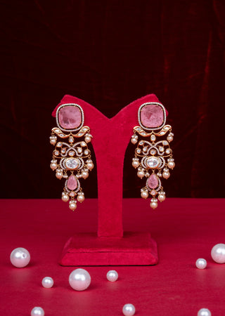 Royal Blush Pink Polki Kundan Bridal Necklace Set with Pearl Accents