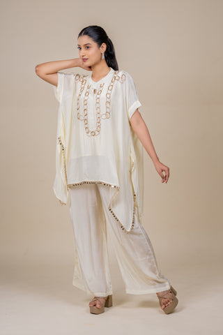 Moonlit Ivory Gold Embellished Kaftan Co-Ord Set with Palazzo