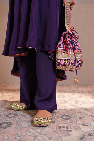 Violet Crepe Silk Hand Embroidered Printed Yoke Of Muslin Silk Kurta With Violet Muslin Silk Farsi Pants